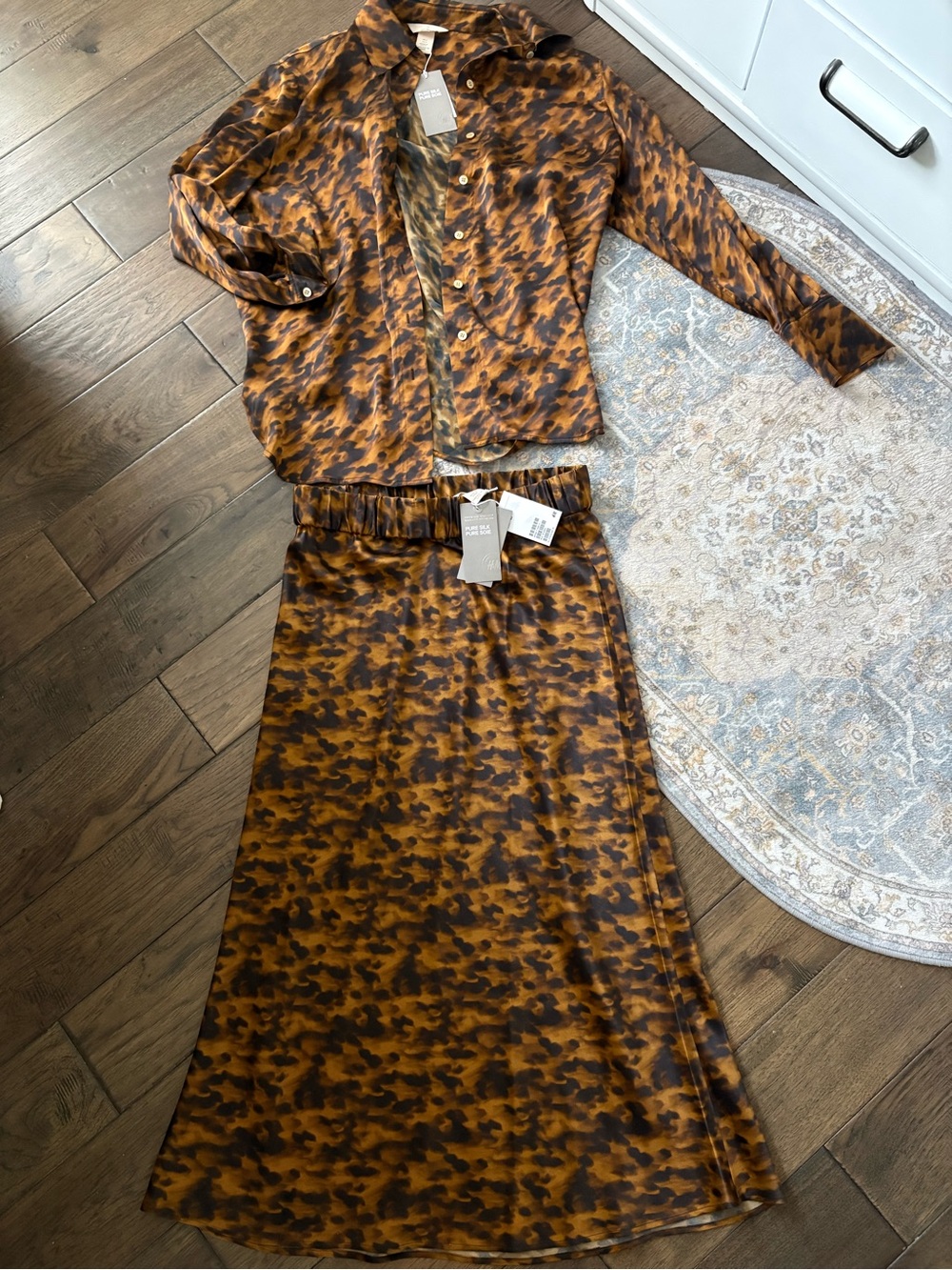 H&M Premium Silk Leopard Print Button-Up Shirt & Skirt Set